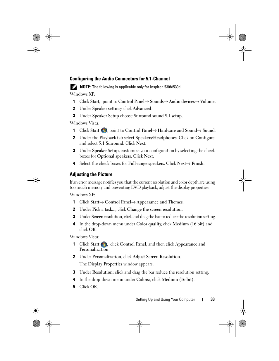 Configuring the audio connectors for 5.1-channel, Adjusting the picture | Dell Inspiron 530 User Manual | Page 33 / 226