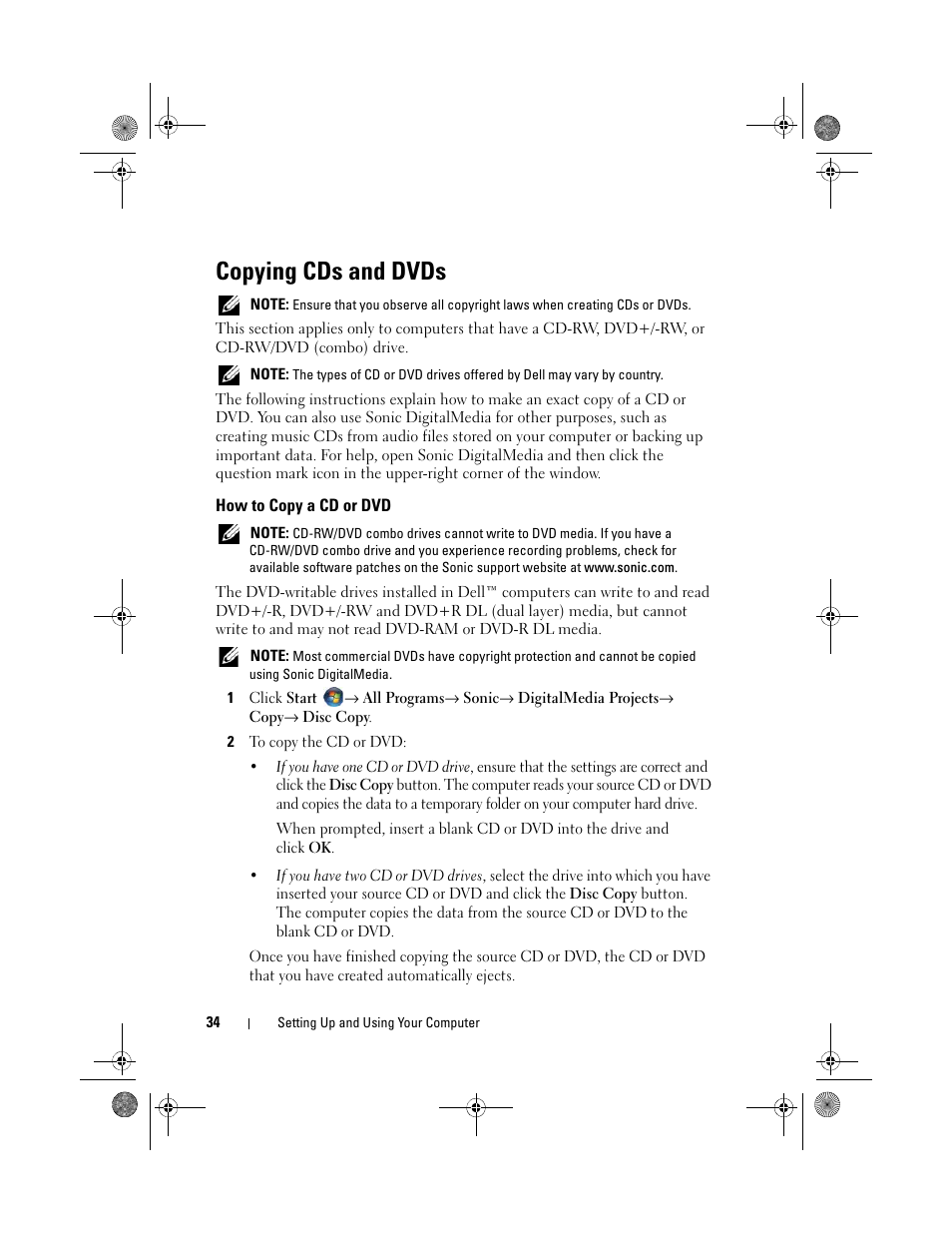 Copying cds and dvds, How to copy a cd or dvd | Dell Inspiron 530 User Manual | Page 34 / 226