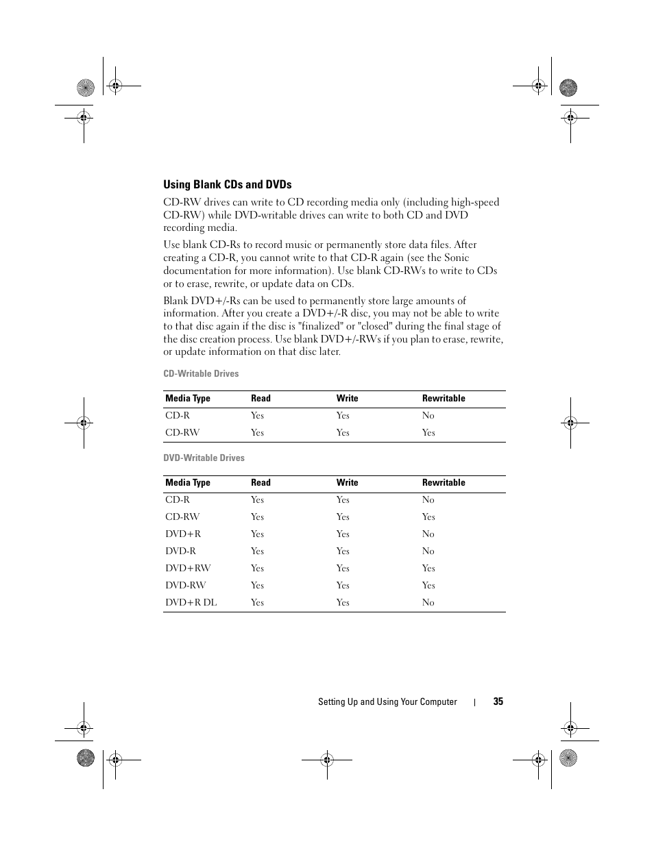 Using blank cds and dvds | Dell Inspiron 530 User Manual | Page 35 / 226