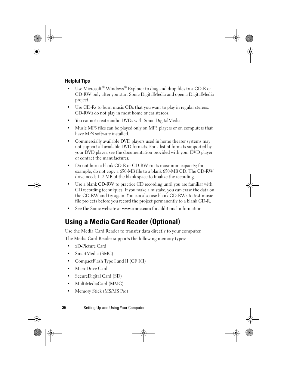 Helpful tips, Using a media card reader (optional) | Dell Inspiron 530 User Manual | Page 36 / 226
