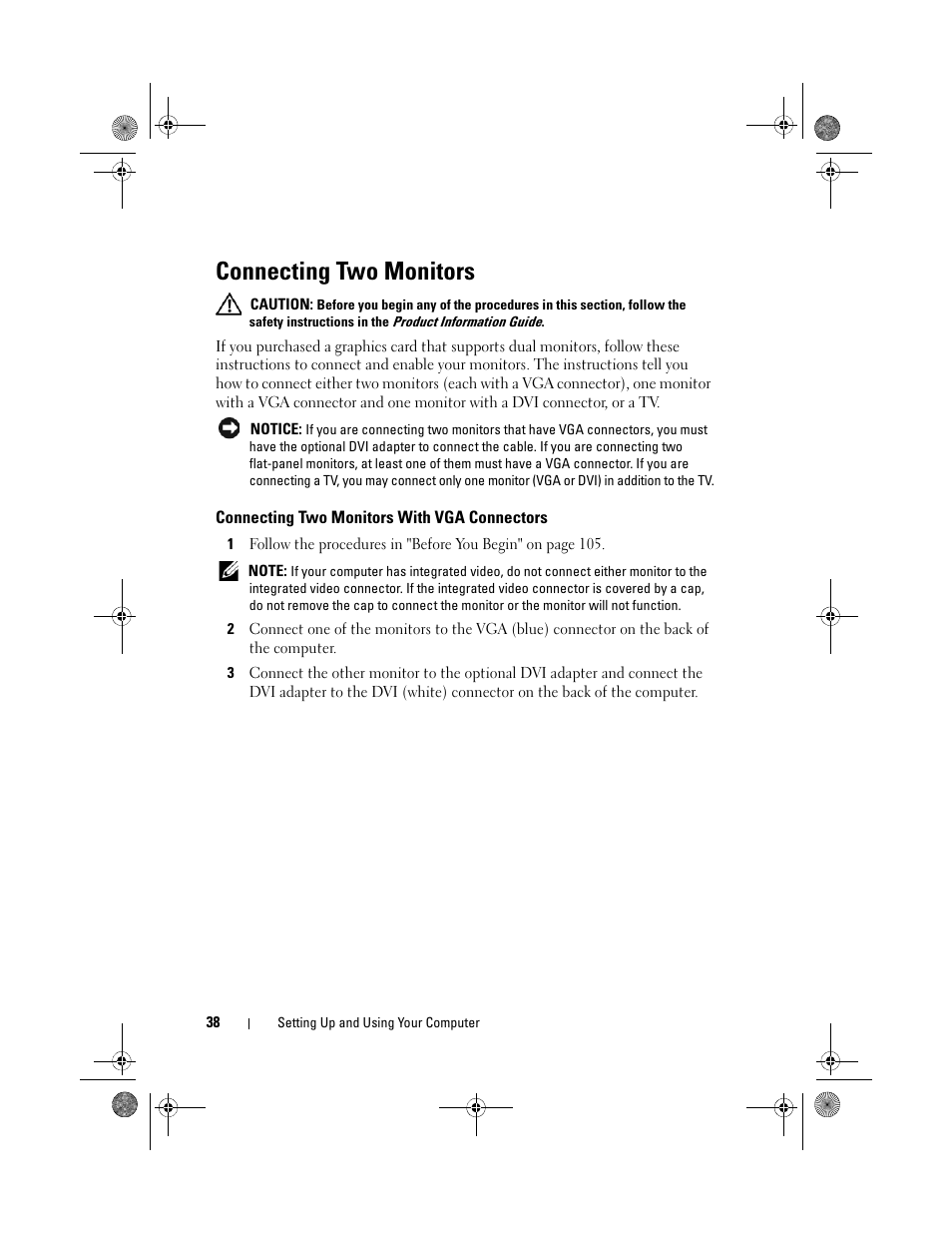 Connecting two monitors, Connecting two monitors with vga connectors | Dell Inspiron 530 User Manual | Page 38 / 226