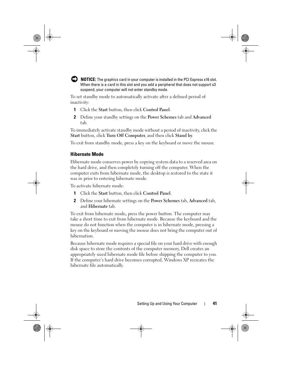 Hibernate mode | Dell Inspiron 530 User Manual | Page 41 / 226