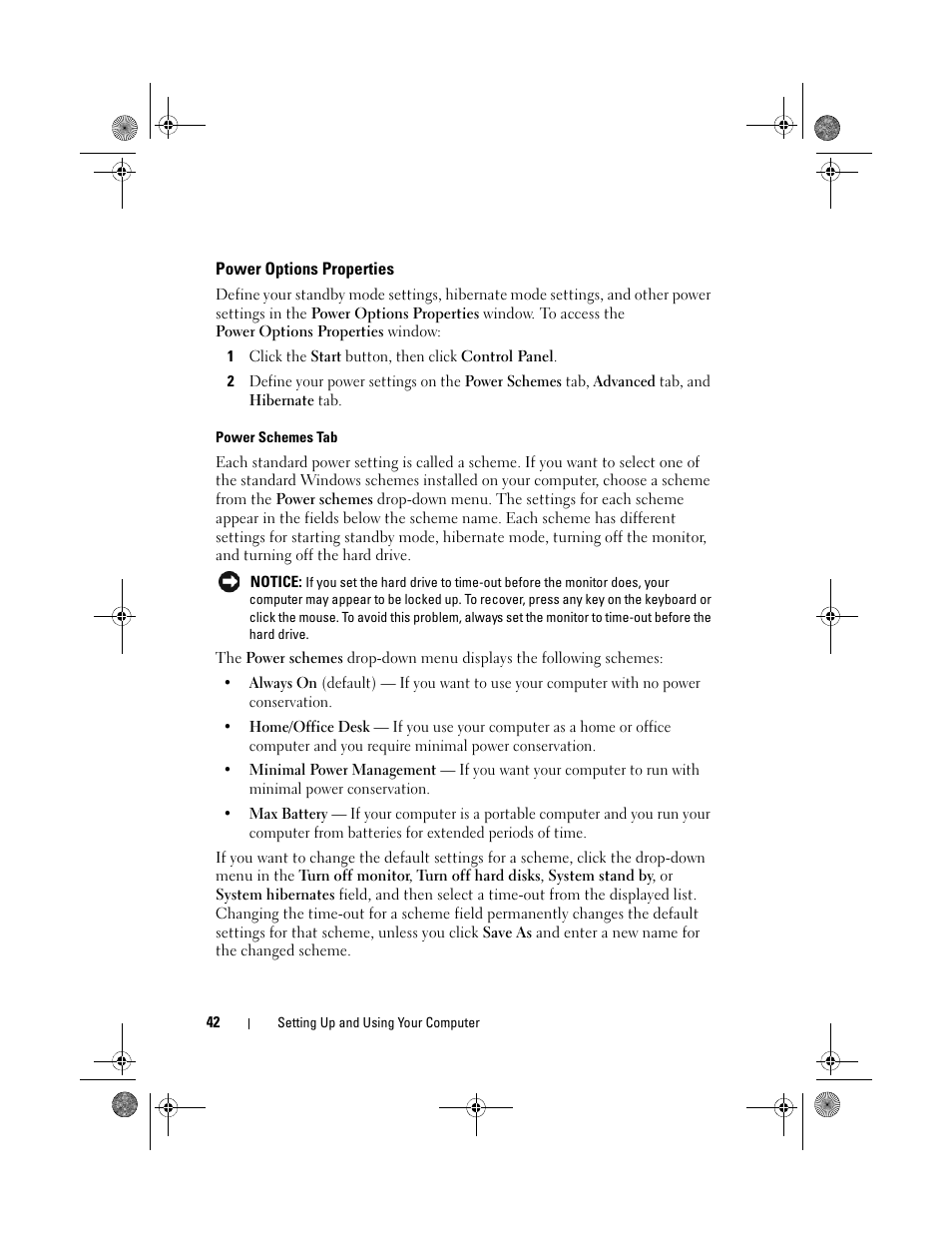 Power options properties, Power schemes tab | Dell Inspiron 530 User Manual | Page 42 / 226