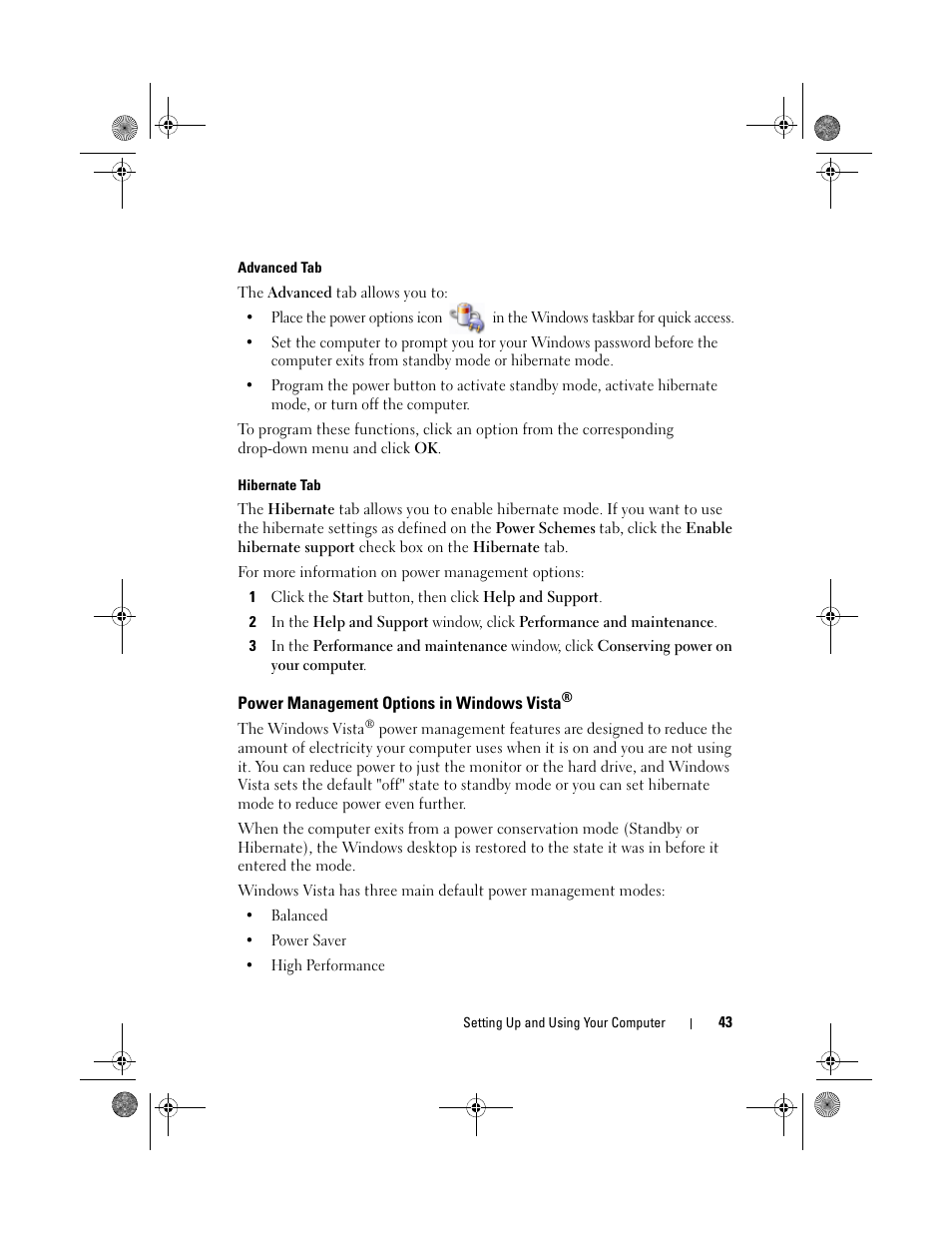 Advanced tab, Hibernate tab, Power management options in windows vista | Dell Inspiron 530 User Manual | Page 43 / 226