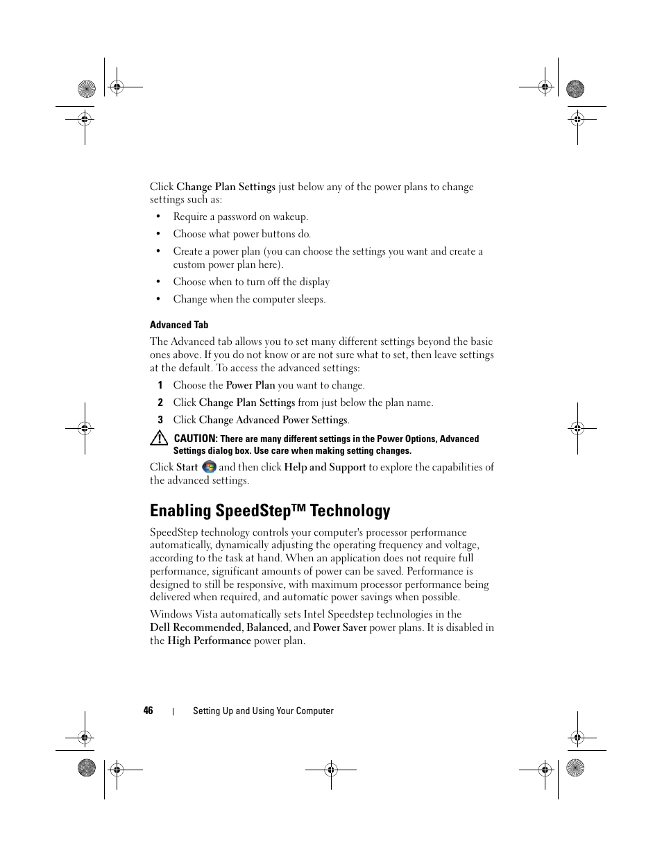 Advanced tab, Enabling speedstep™ technology | Dell Inspiron 530 User Manual | Page 46 / 226