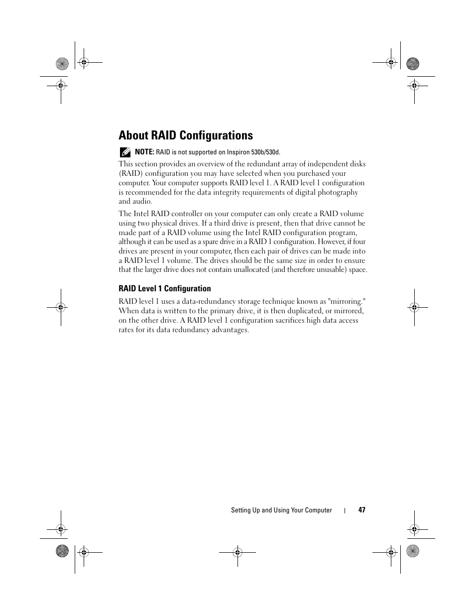 About raid configurations, Raid level 1 configuration | Dell Inspiron 530 User Manual | Page 47 / 226