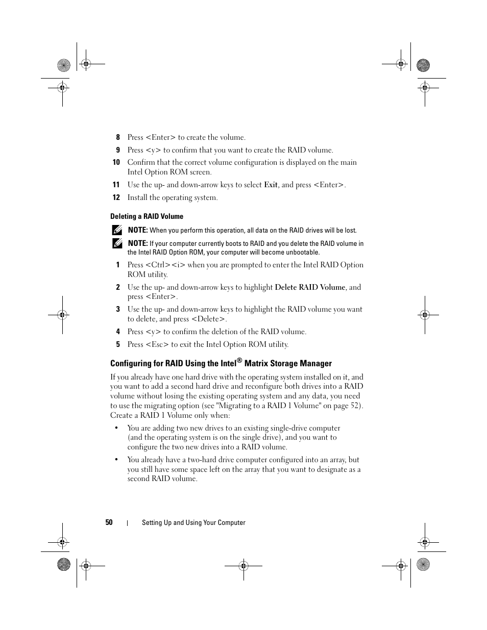 Deleting a raid volume, Configuring for raid using the intel | Dell Inspiron 530 User Manual | Page 50 / 226