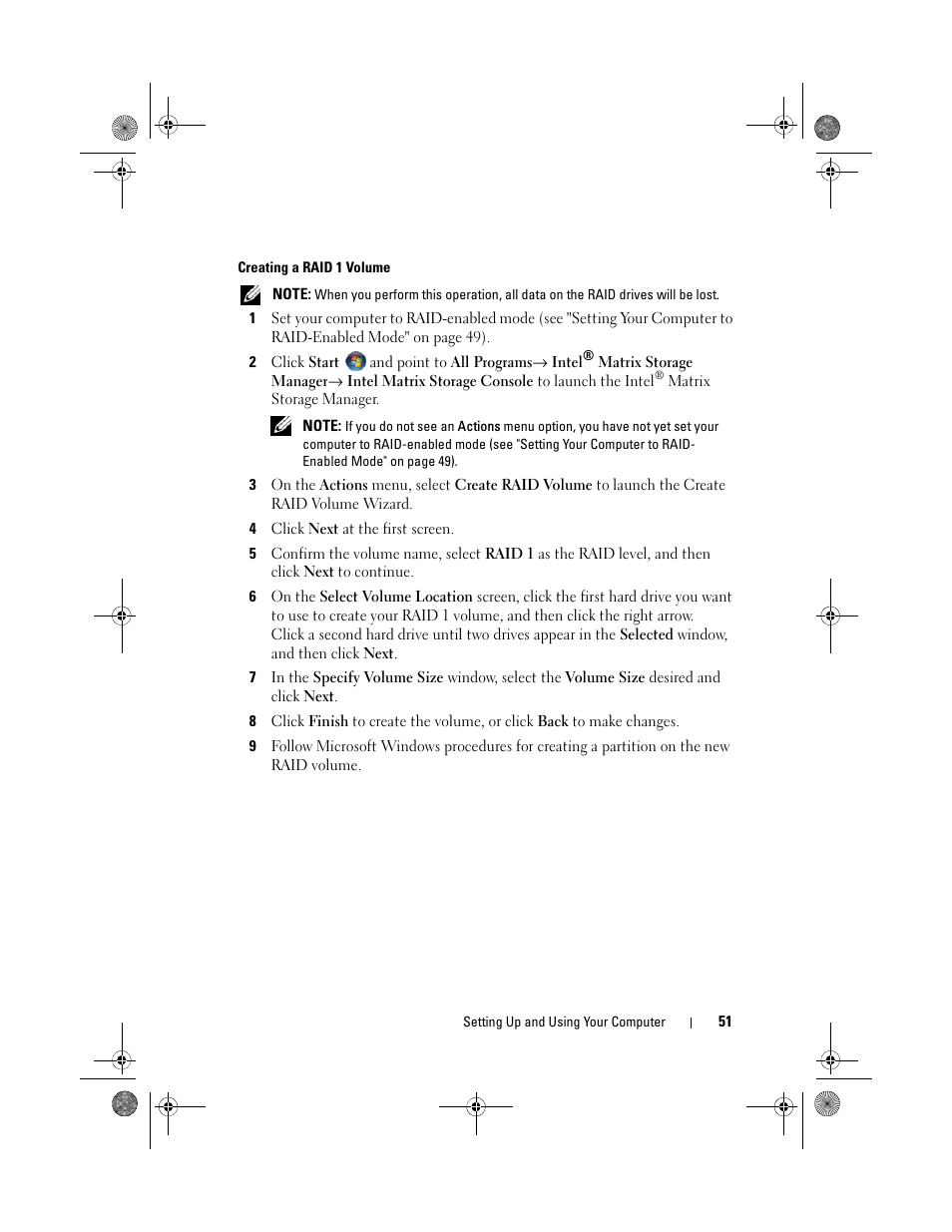 Creating a raid 1 volume | Dell Inspiron 530 User Manual | Page 51 / 226