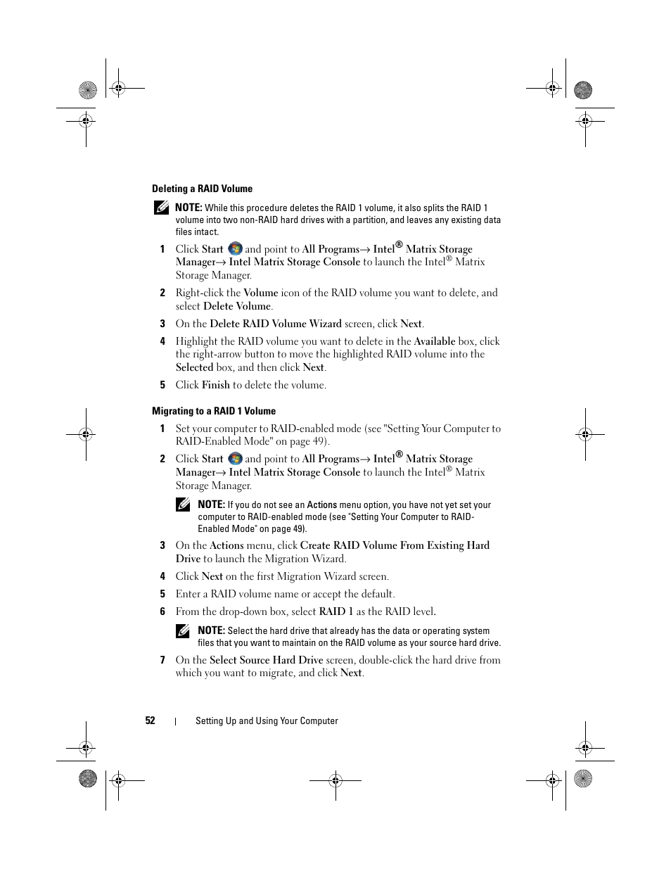 Deleting a raid volume, Migrating to a raid 1 volume | Dell Inspiron 530 User Manual | Page 52 / 226