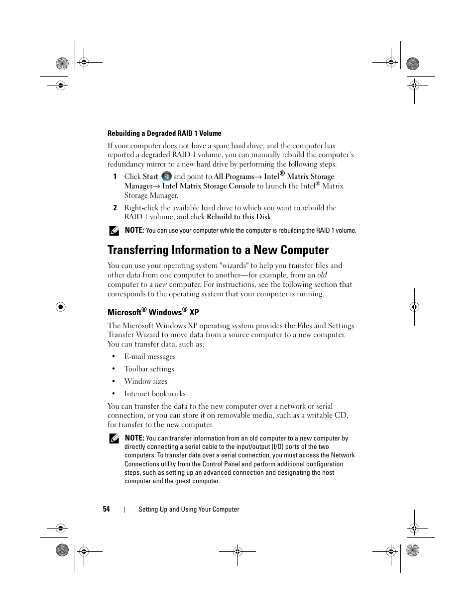 Rebuilding a degraded raid 1 volume, Transferring information to a new computer, Microsoft® windows® xp | Microsoft | Dell Inspiron 530 User Manual | Page 54 / 226