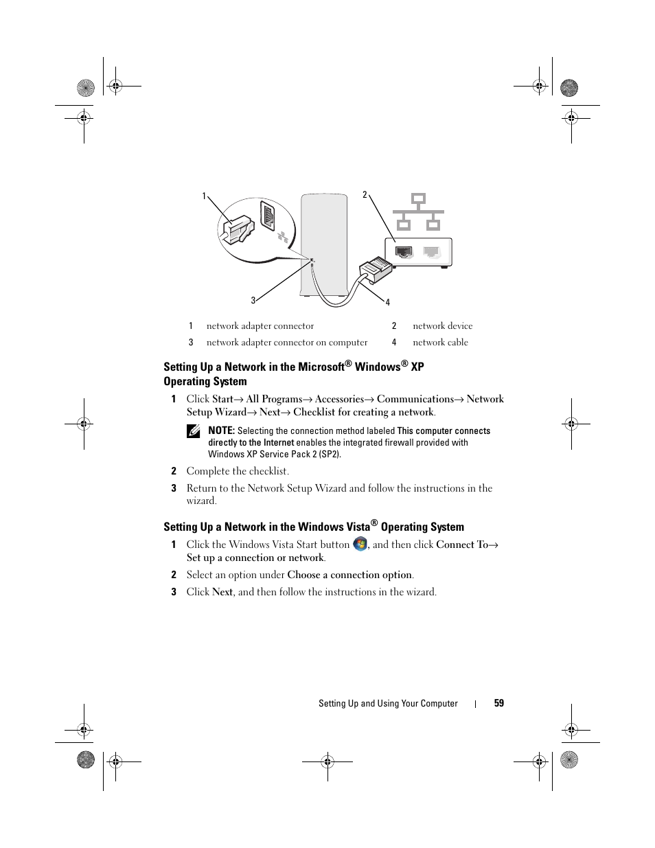 Setting up a network in the microsoft, Setting up a network in the windows vista | Dell Inspiron 530 User Manual | Page 59 / 226