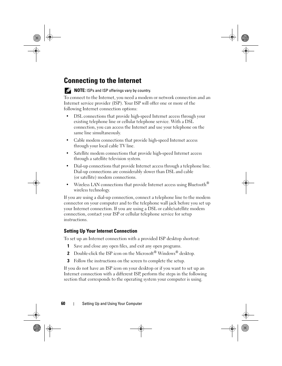 Connecting to the internet, Setting up your internet connection | Dell Inspiron 530 User Manual | Page 60 / 226