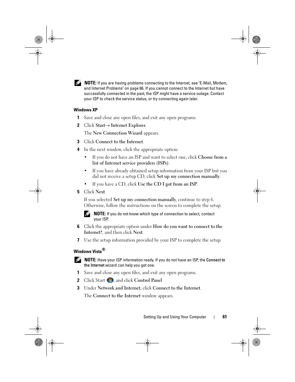 Windows xp, Windows vista | Dell Inspiron 530 User Manual | Page 61 / 226