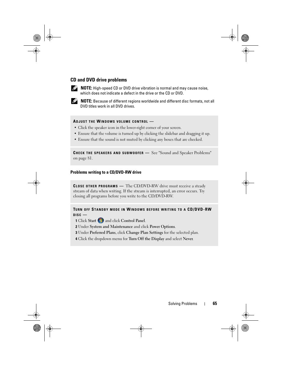 Cd and dvd drive problems, Problems writing to a cd/dvd-rw drive | Dell Inspiron 530 User Manual | Page 65 / 226