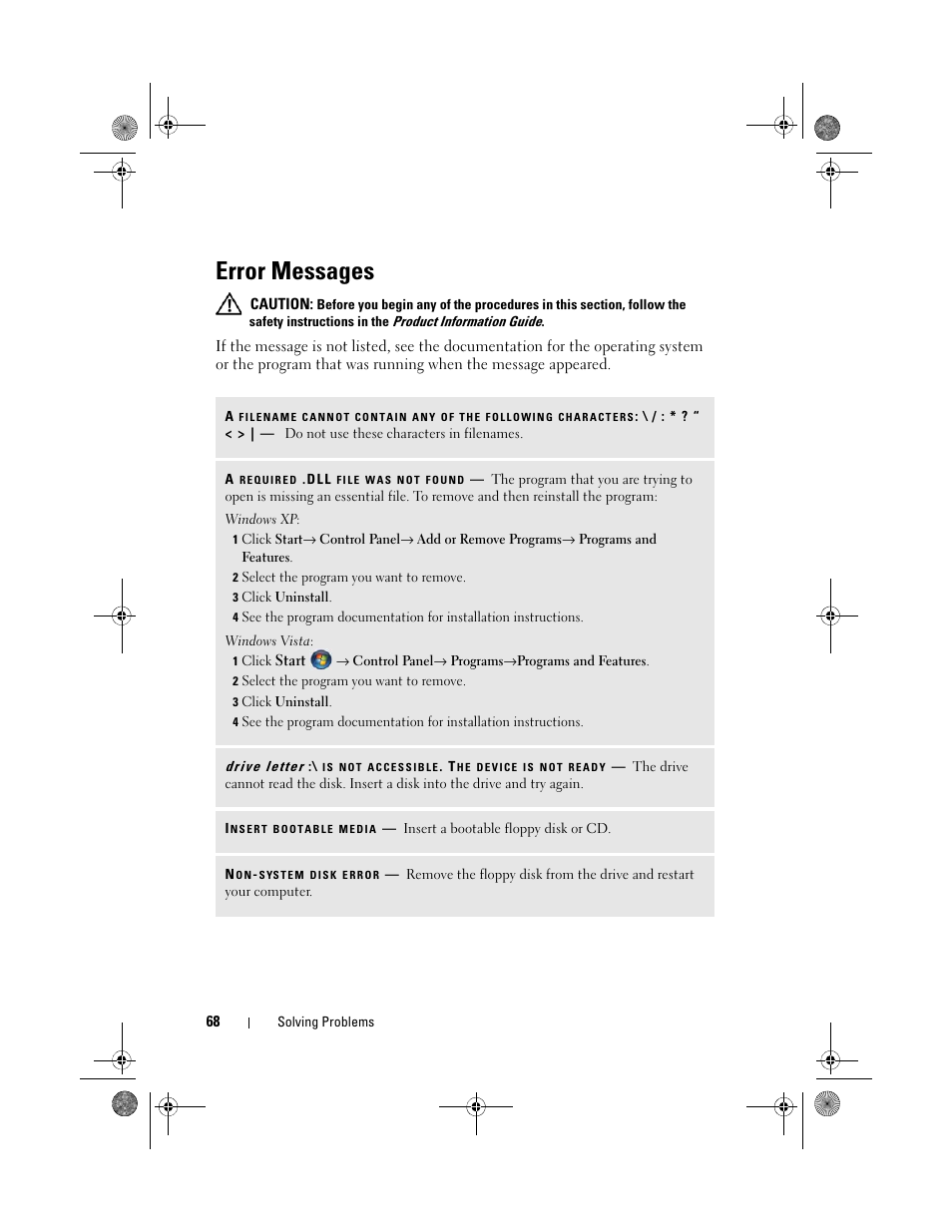 Error messages | Dell Inspiron 530 User Manual | Page 68 / 226