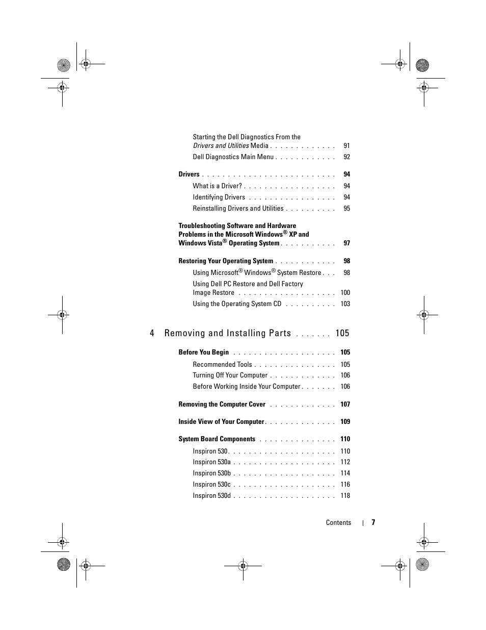 4 removing and installing parts 105, 4removing and installing parts | Dell Inspiron 530 User Manual | Page 7 / 226