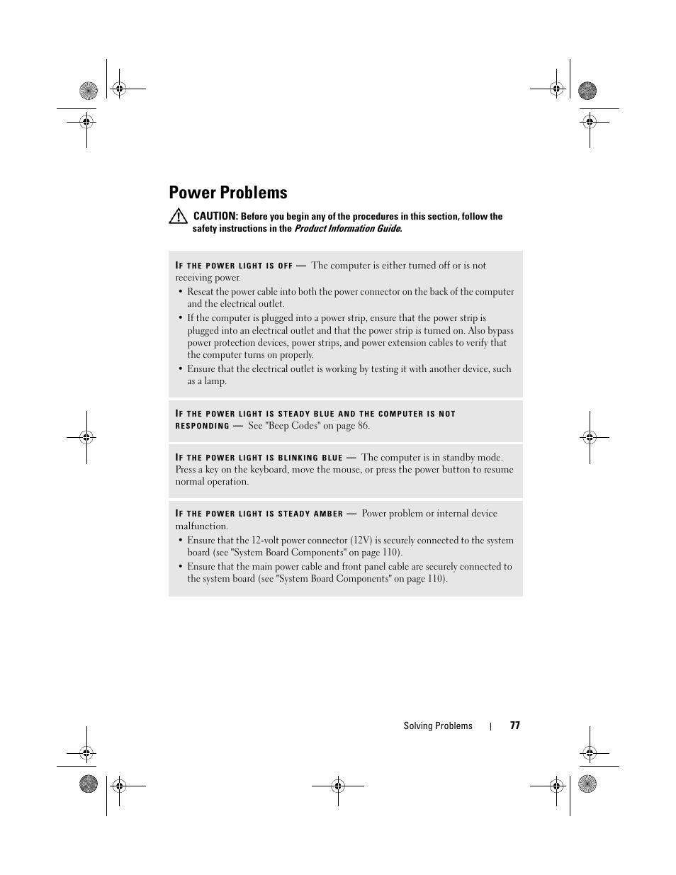 Power problems | Dell Inspiron 530 User Manual | Page 77 / 226