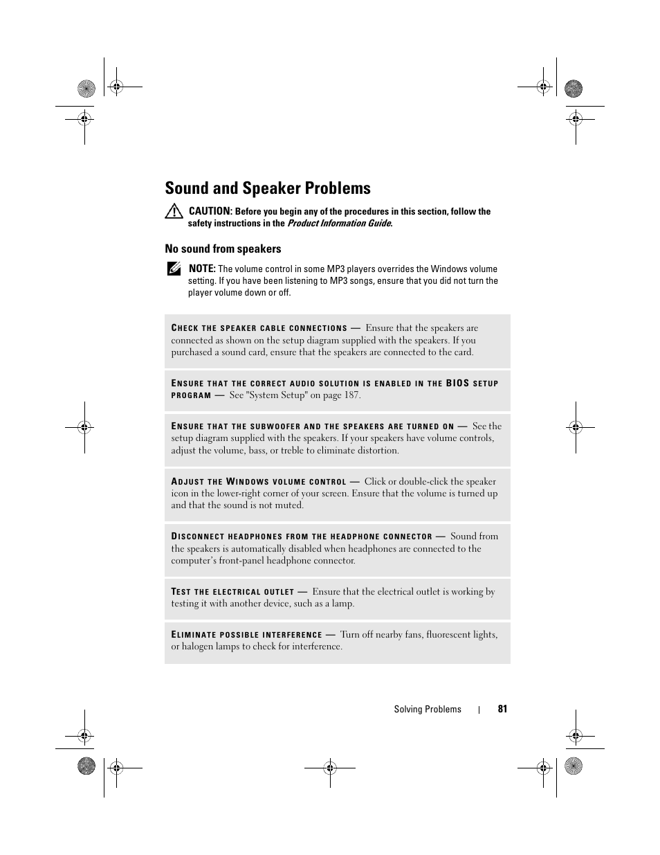 Sound and speaker problems, No sound from speakers | Dell Inspiron 530 User Manual | Page 81 / 226