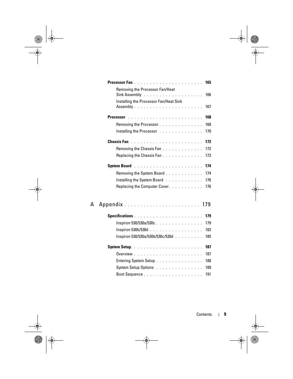 A appendix 179, A appendix | Dell Inspiron 530 User Manual | Page 9 / 226