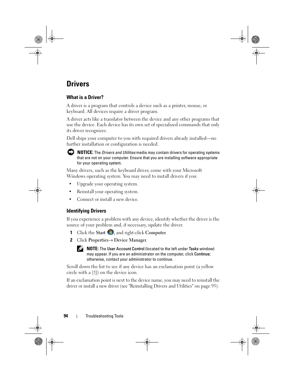 Drivers, What is a driver, Identifying drivers | Dell Inspiron 530 User Manual | Page 94 / 226