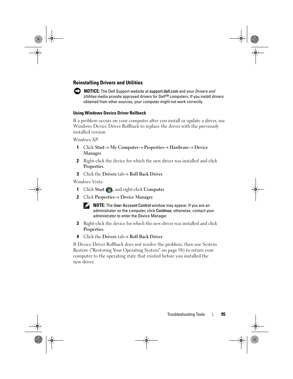 Reinstalling drivers and utilities, Using windows device driver rollback, Reinstalling drivers and utilities" on | Dell Inspiron 530 User Manual | Page 95 / 226