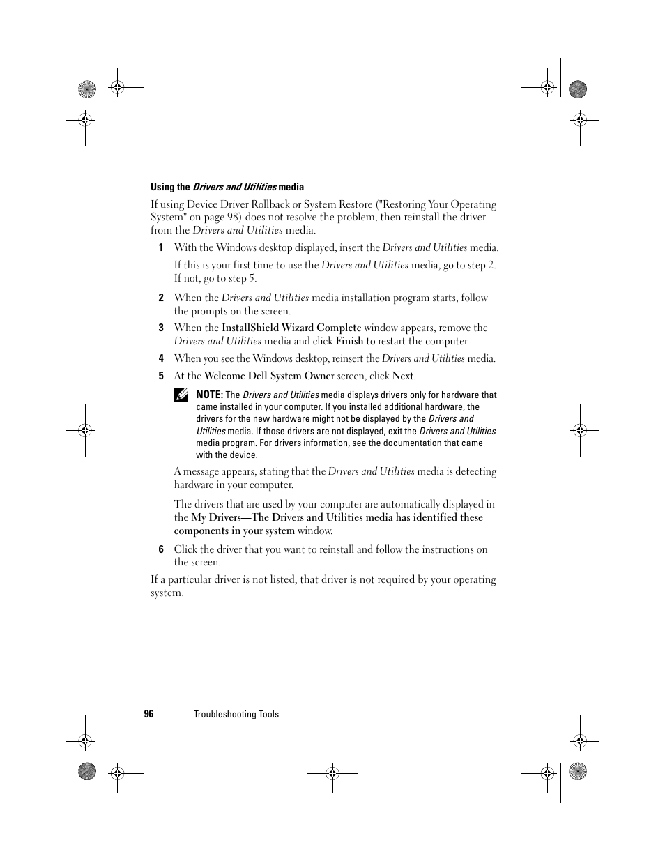 Using the drivers and utilities media | Dell Inspiron 530 User Manual | Page 96 / 226