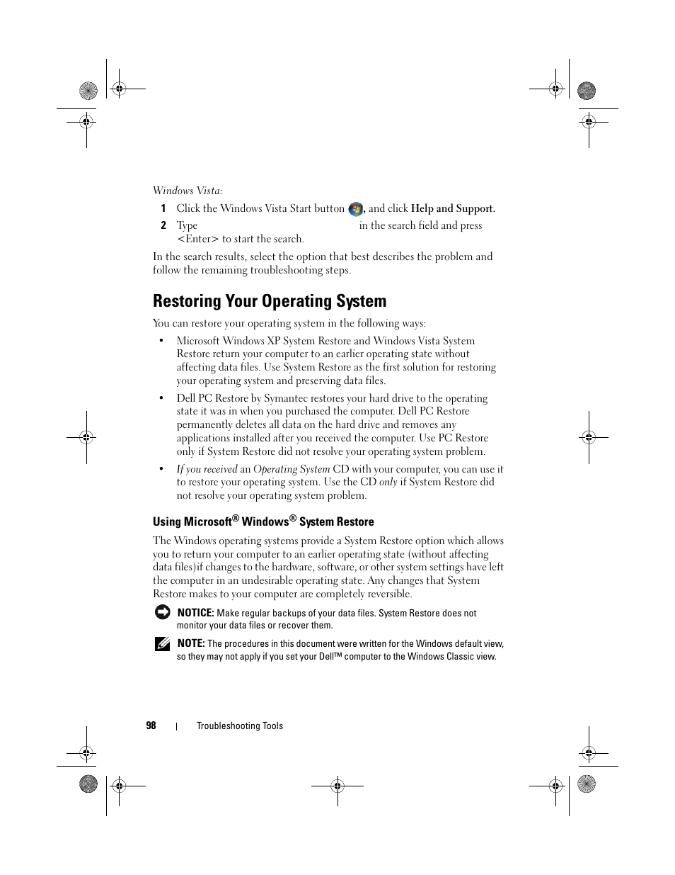 Restoring your operating system, Using microsoft® windows® system restore, Using microsoft | Dell Inspiron 530 User Manual | Page 98 / 226