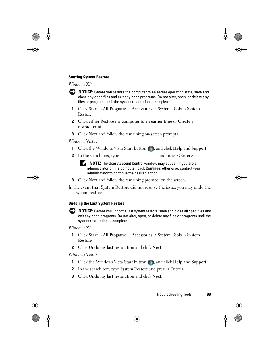 Starting system restore, Undoing the last system restore | Dell Inspiron 530 User Manual | Page 99 / 226