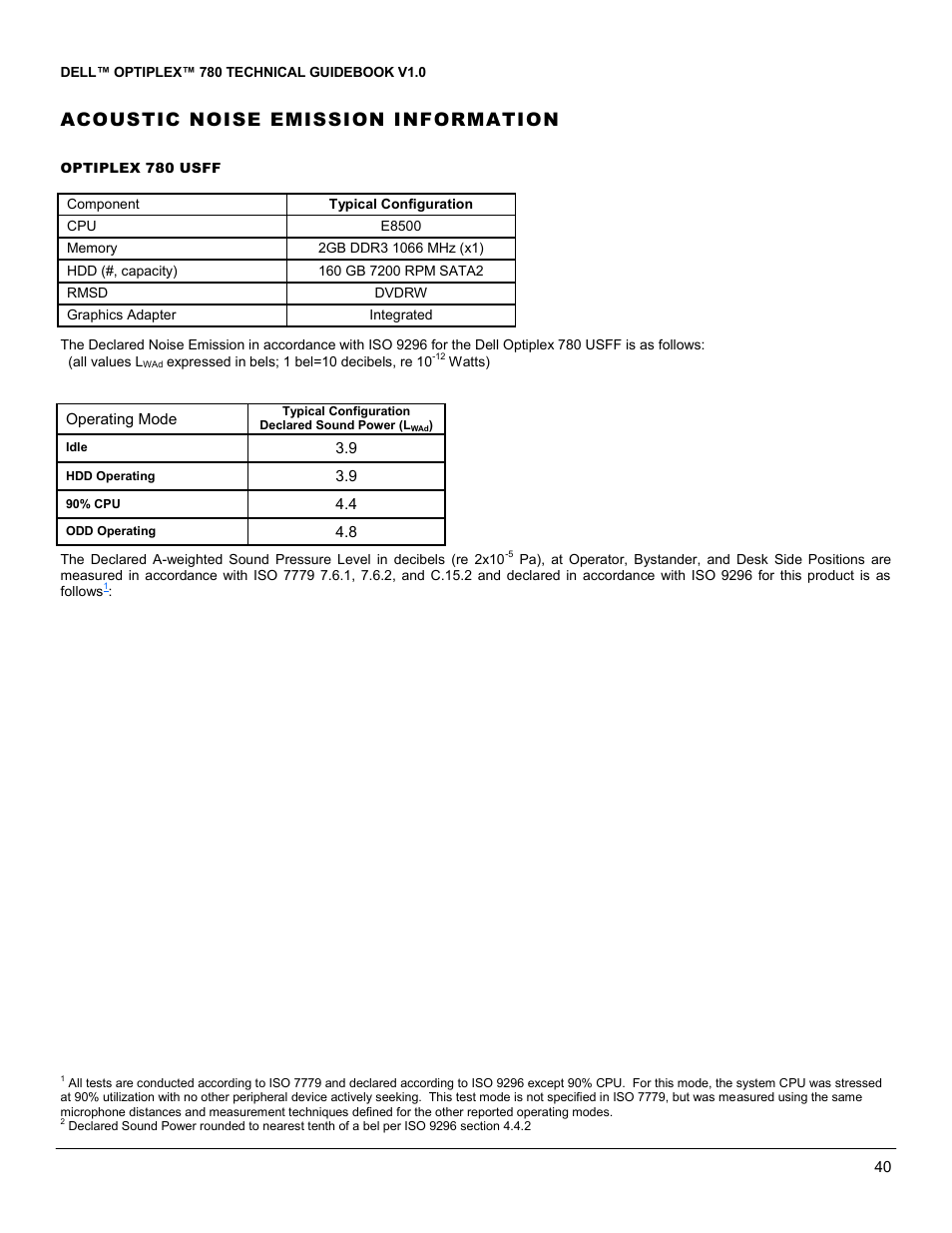 Acoustic noise emission information | Dell OptiPlex 780 User Manual | Page 40 / 40