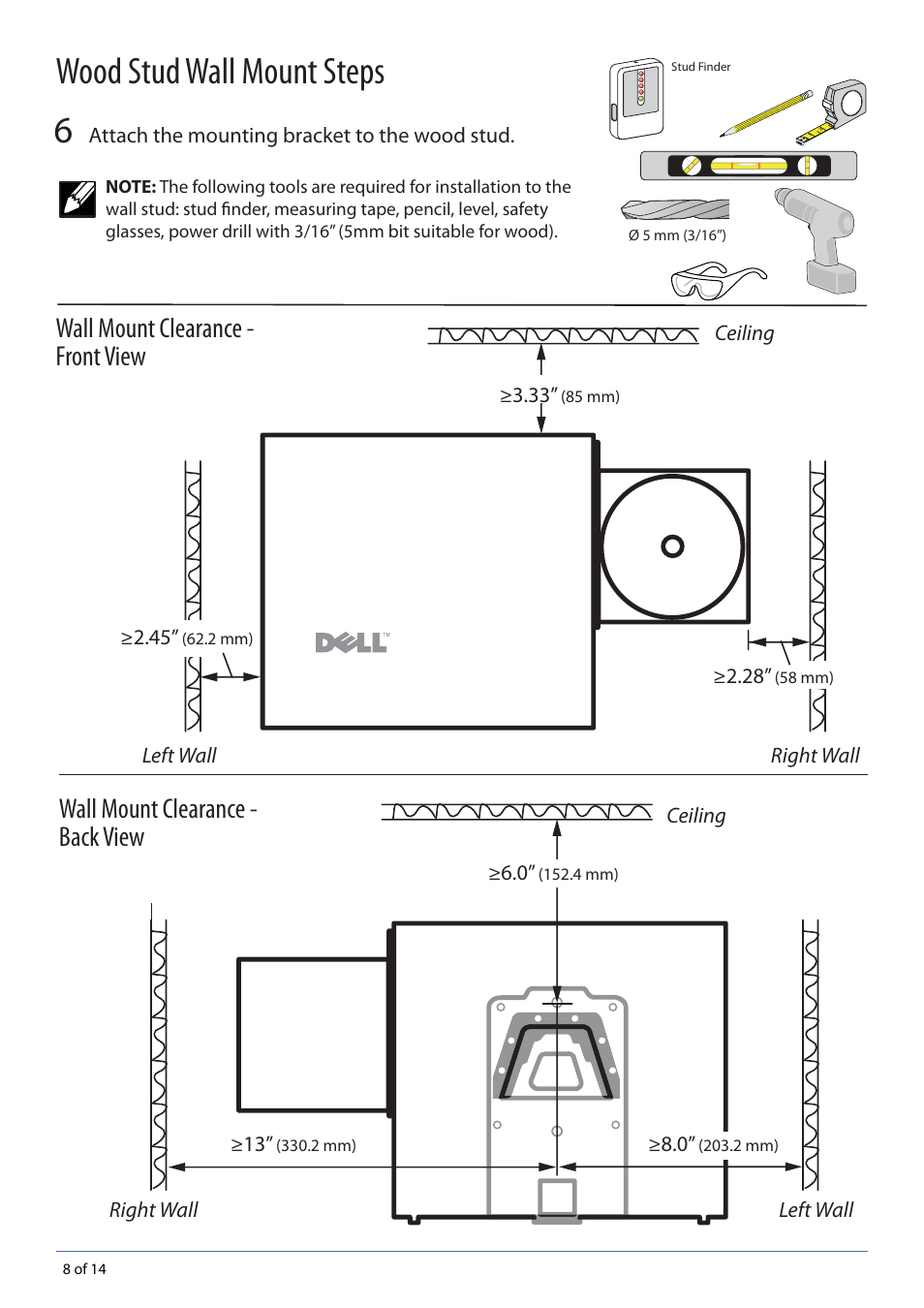 Wood stud wall mount steps, Wall mount clearance - back view, Wall mount clearance - front view | Dell OptiPlex 780 User Manual | Page 8 / 14