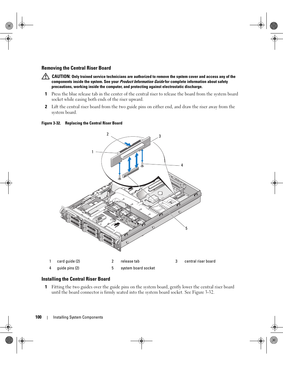 Removing the central riser board, Installing the central riser board | Dell POWEREDGE 2950 User Manual | Page 100 / 182
