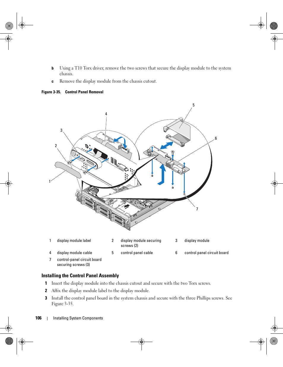 Installing the control panel assembly, D. see figure 3-35 | Dell POWEREDGE 2950 User Manual | Page 106 / 182
