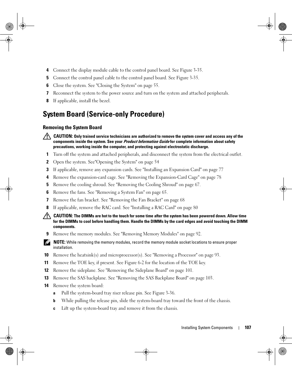 System board (service-only procedure), Removing the system board | Dell POWEREDGE 2950 User Manual | Page 107 / 182
