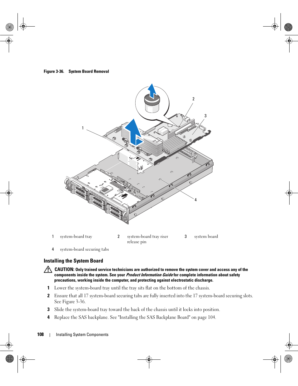 Installing the system board, Lease pin. see figure 3-36 | Dell POWEREDGE 2950 User Manual | Page 108 / 182