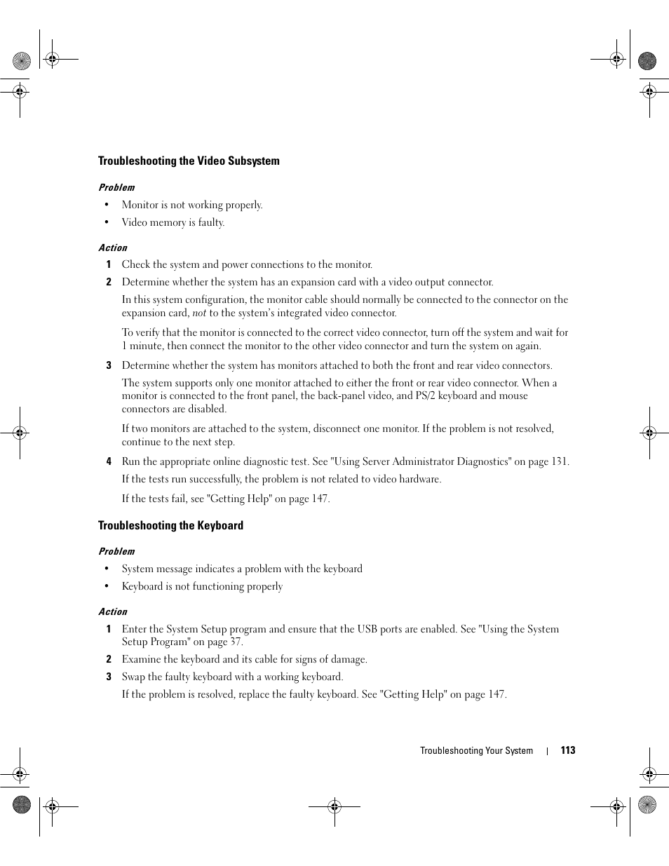 Troubleshooting the video subsystem, Troubleshooting the keyboard | Dell POWEREDGE 2950 User Manual | Page 113 / 182