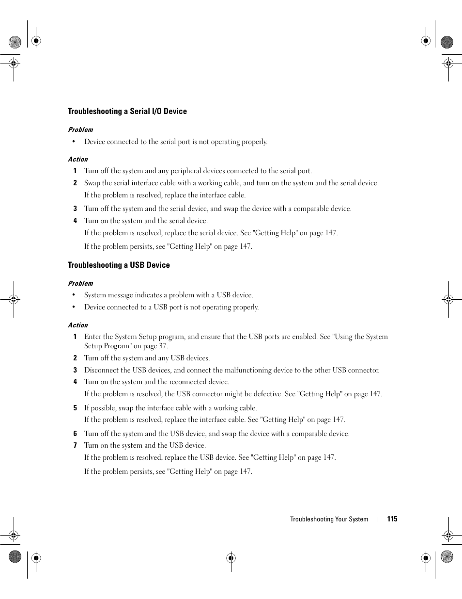 Troubleshooting a serial i/o device, Troubleshooting a usb device | Dell POWEREDGE 2950 User Manual | Page 115 / 182