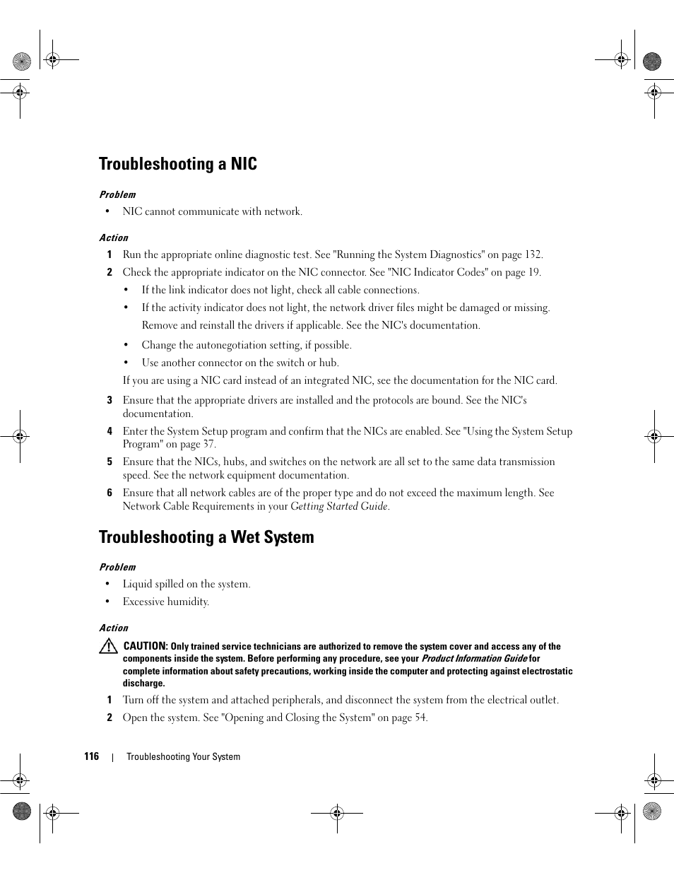 Troubleshooting a nic, Troubleshooting a wet system | Dell POWEREDGE 2950 User Manual | Page 116 / 182