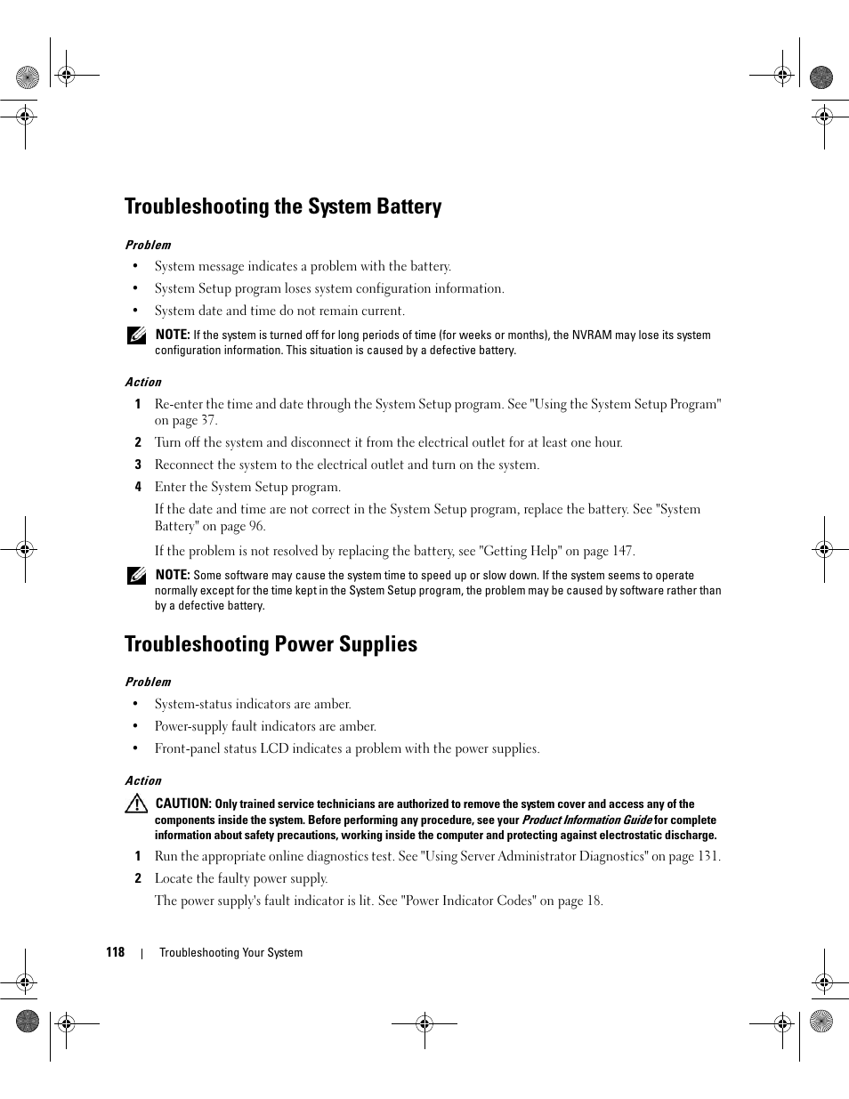 Troubleshooting the system battery, Troubleshooting power supplies | Dell POWEREDGE 2950 User Manual | Page 118 / 182