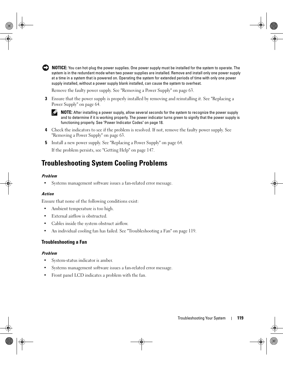 Troubleshooting system cooling problems, Troubleshooting a fan | Dell POWEREDGE 2950 User Manual | Page 119 / 182