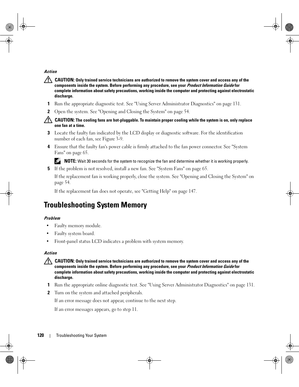 Troubleshooting system memory, See "troubleshooting system | Dell POWEREDGE 2950 User Manual | Page 120 / 182