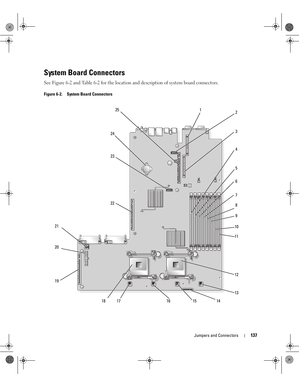 System board connectors, D. see figure 6-2 for the, Tte drive. see figure 6-2 for the location of the | D. see figure 6-2, See figure 6-2.), If applicable. see figure 6-2 for the toe k, Locate the processors, see figure 6-2 | Dell POWEREDGE 2950 User Manual | Page 137 / 182