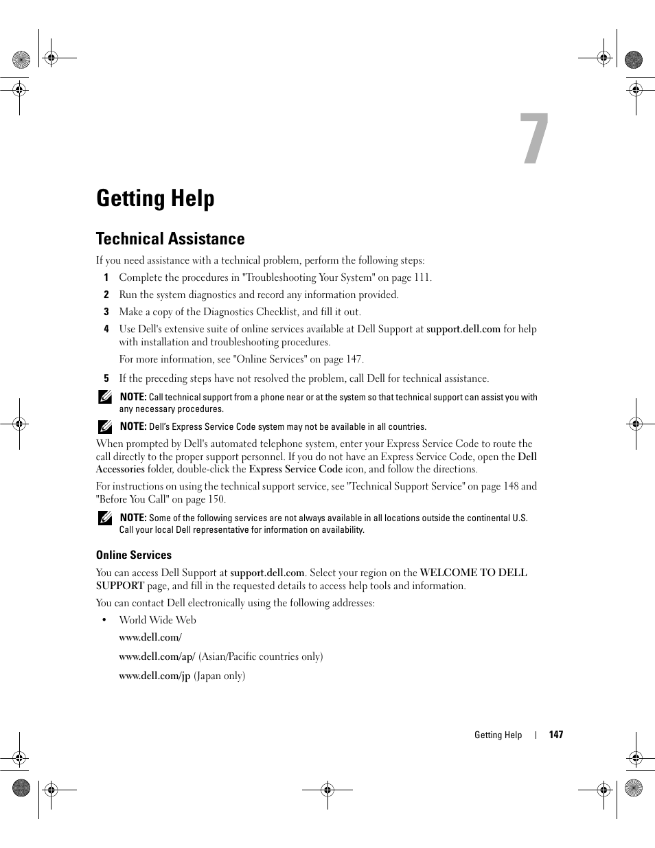 Getting help, Technical assistance, Online services | Ect, see "getting help" on | Dell POWEREDGE 2950 User Manual | Page 147 / 182