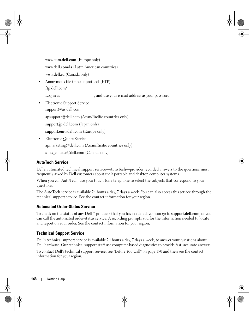 Autotech service, Automated order-status service, Technical support service | Dell POWEREDGE 2950 User Manual | Page 148 / 182