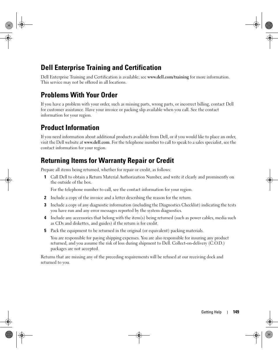 Dell enterprise training and certification, Problems with your order, Product information | Returning items for warranty repair or credit | Dell POWEREDGE 2950 User Manual | Page 149 / 182
