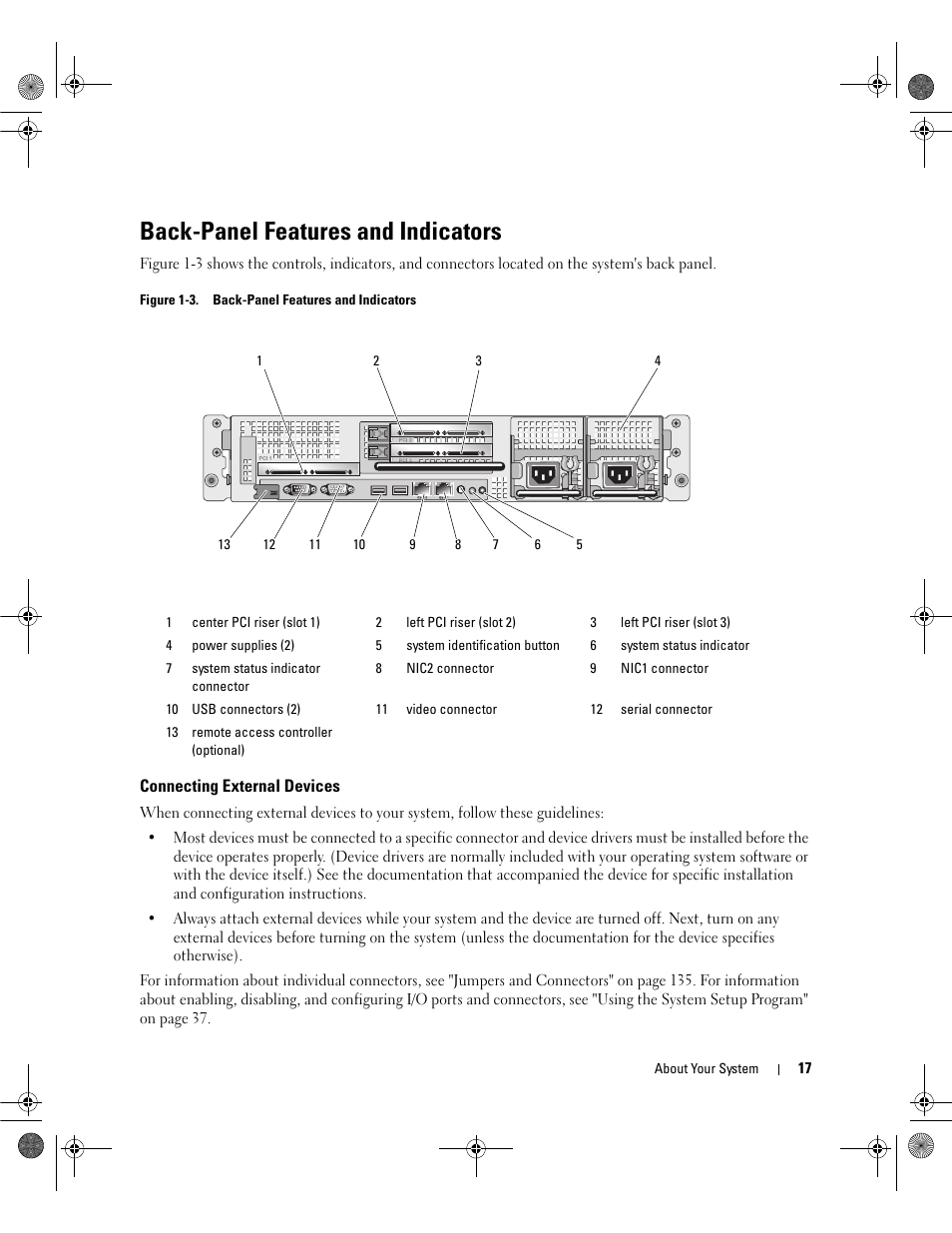 Back-panel features and indicators, Connecting external devices | Dell POWEREDGE 2950 User Manual | Page 17 / 182