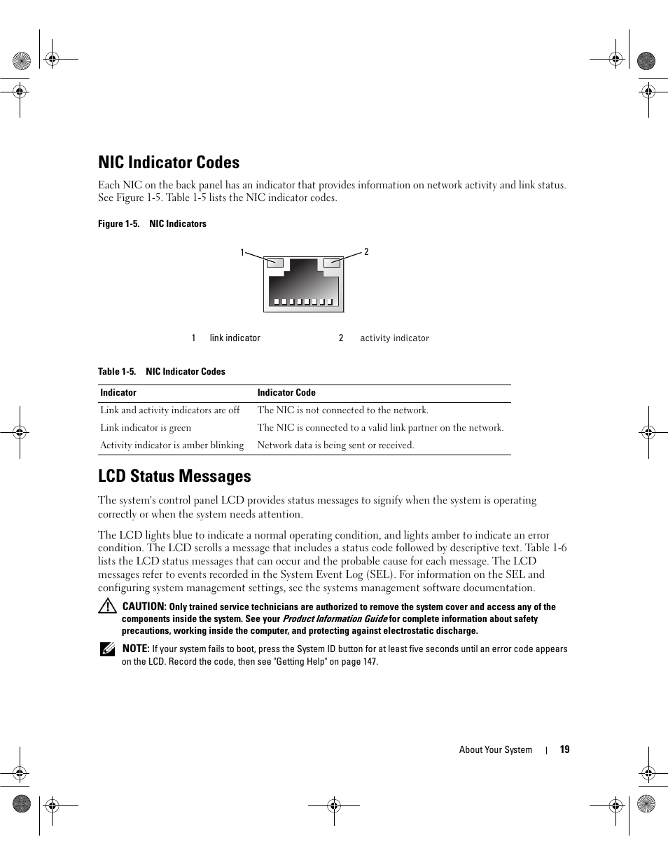 Nic indicator codes, Lcd status messages | Dell POWEREDGE 2950 User Manual | Page 19 / 182