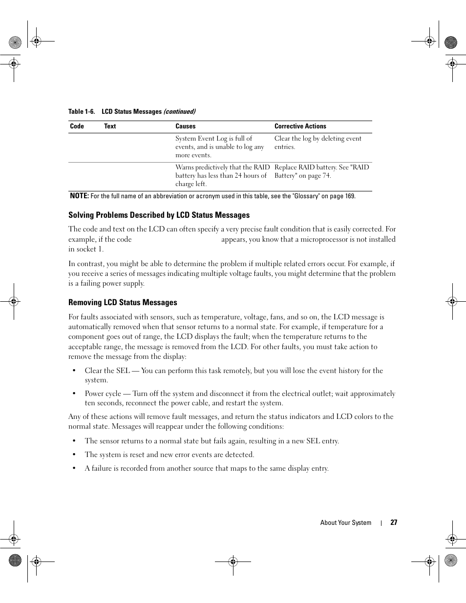 Solving problems described by lcd status messages, Removing lcd status messages | Dell POWEREDGE 2950 User Manual | Page 27 / 182