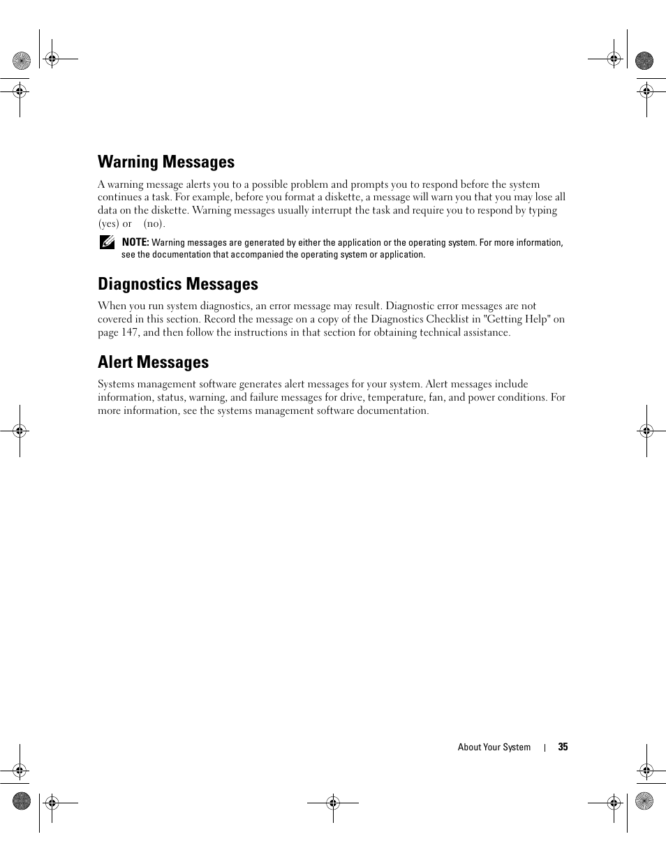 Warning messages, Diagnostics messages, Alert messages | Dell POWEREDGE 2950 User Manual | Page 35 / 182