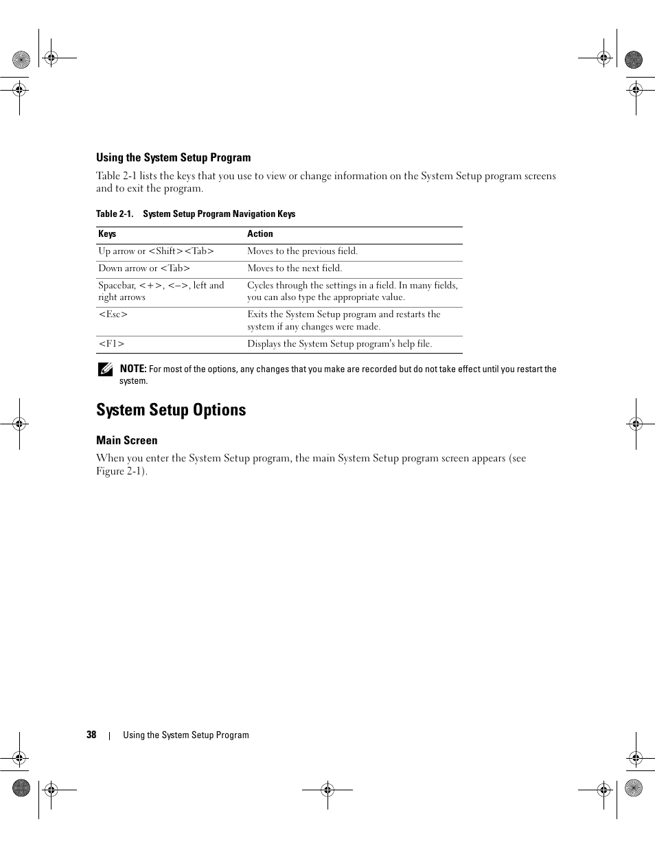 Using the system setup program, System setup options, Main screen | Dell POWEREDGE 2950 User Manual | Page 38 / 182