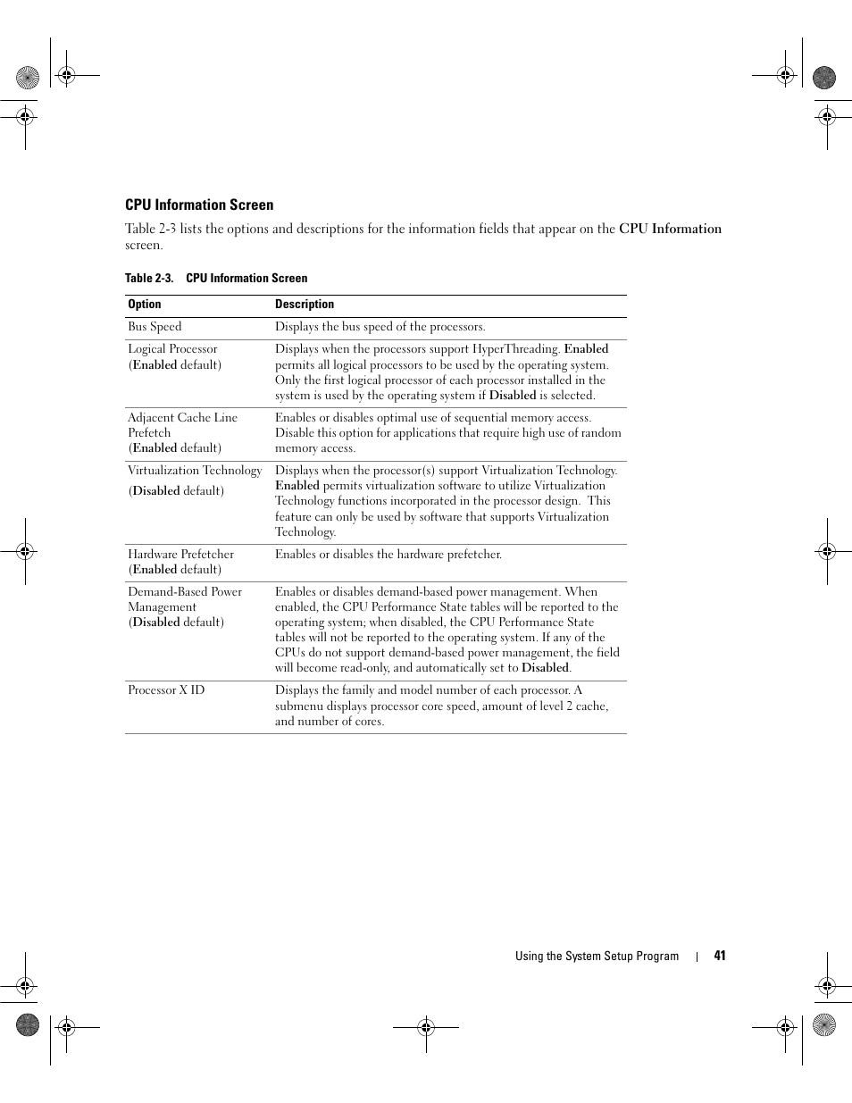 Cpu information screen | Dell POWEREDGE 2950 User Manual | Page 41 / 182